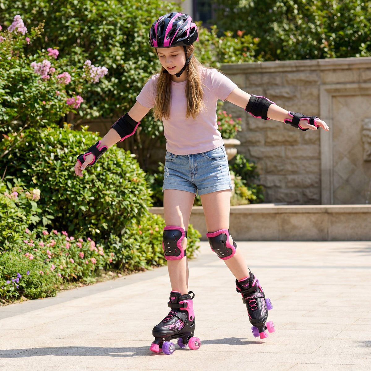 Kids Roller Skates for Girls Boys Teens 4 Sizes Adjustable Quad Skates with Light-up Wheels-Pink view 3