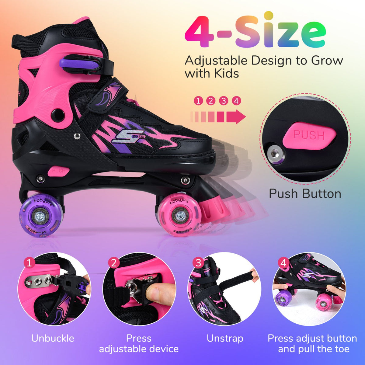 Kids Roller Skates for Girls Boys Teens 4 Sizes Adjustable Quad Skates with Light-up Wheels-Pink view 5