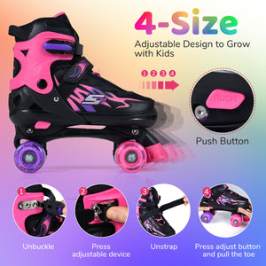 Kids Roller Skates for Girls Boys Teens 4 Sizes Adjustable Quad Skates with Light-up Wheels-Pink view 5