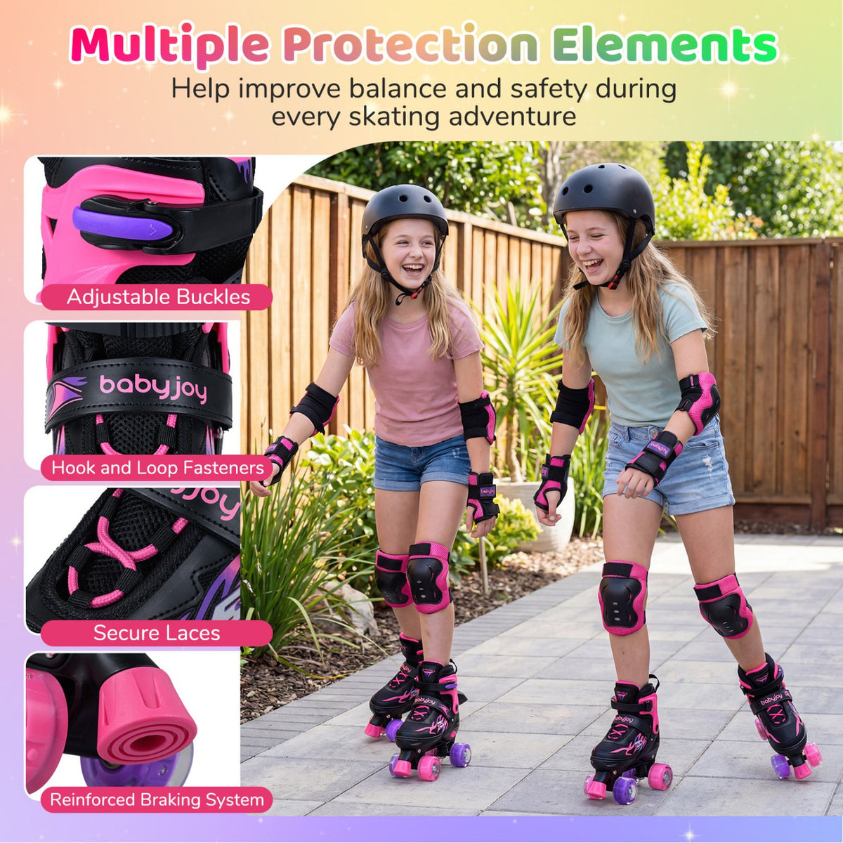 Kids Roller Skates for Girls Boys Teens 4 Sizes Adjustable Quad Skates with Light-up Wheels-Pink view 8