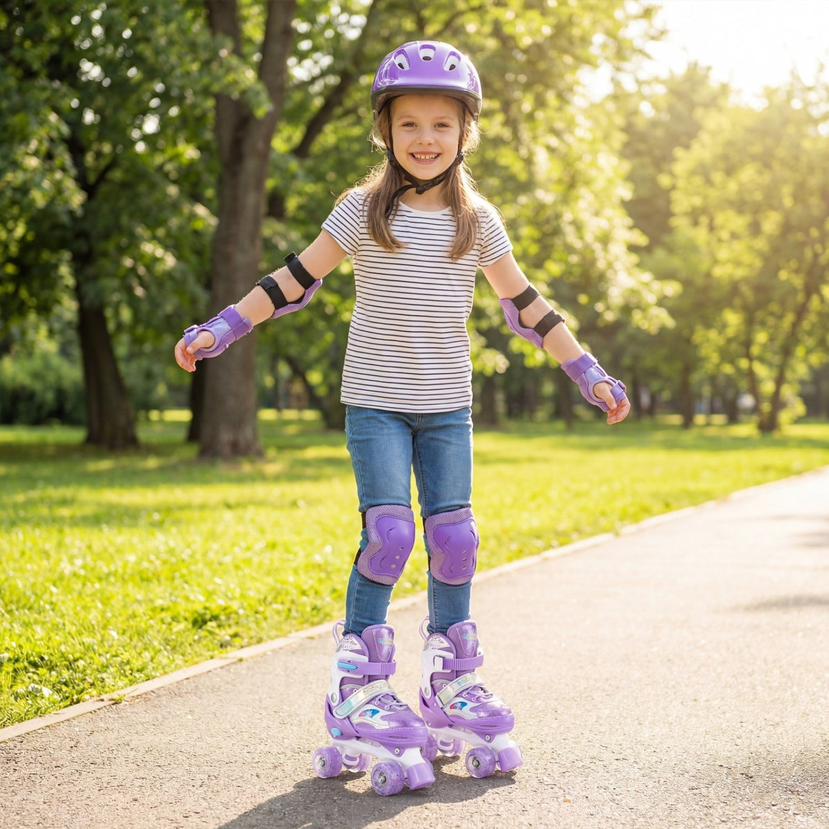 Kids Roller Skates for Girls Boys with Light-up Wheels and Safety Protection-Purple view 3