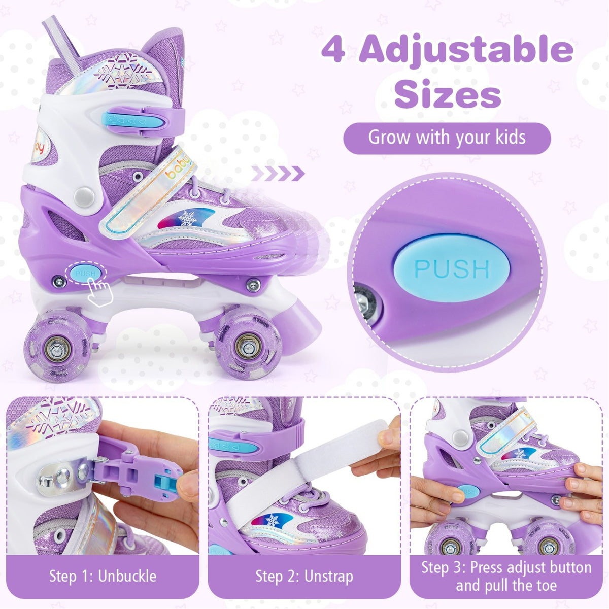 Kids Roller Skates for Girls Boys with Light-up Wheels and Safety Protection-Purple view 6