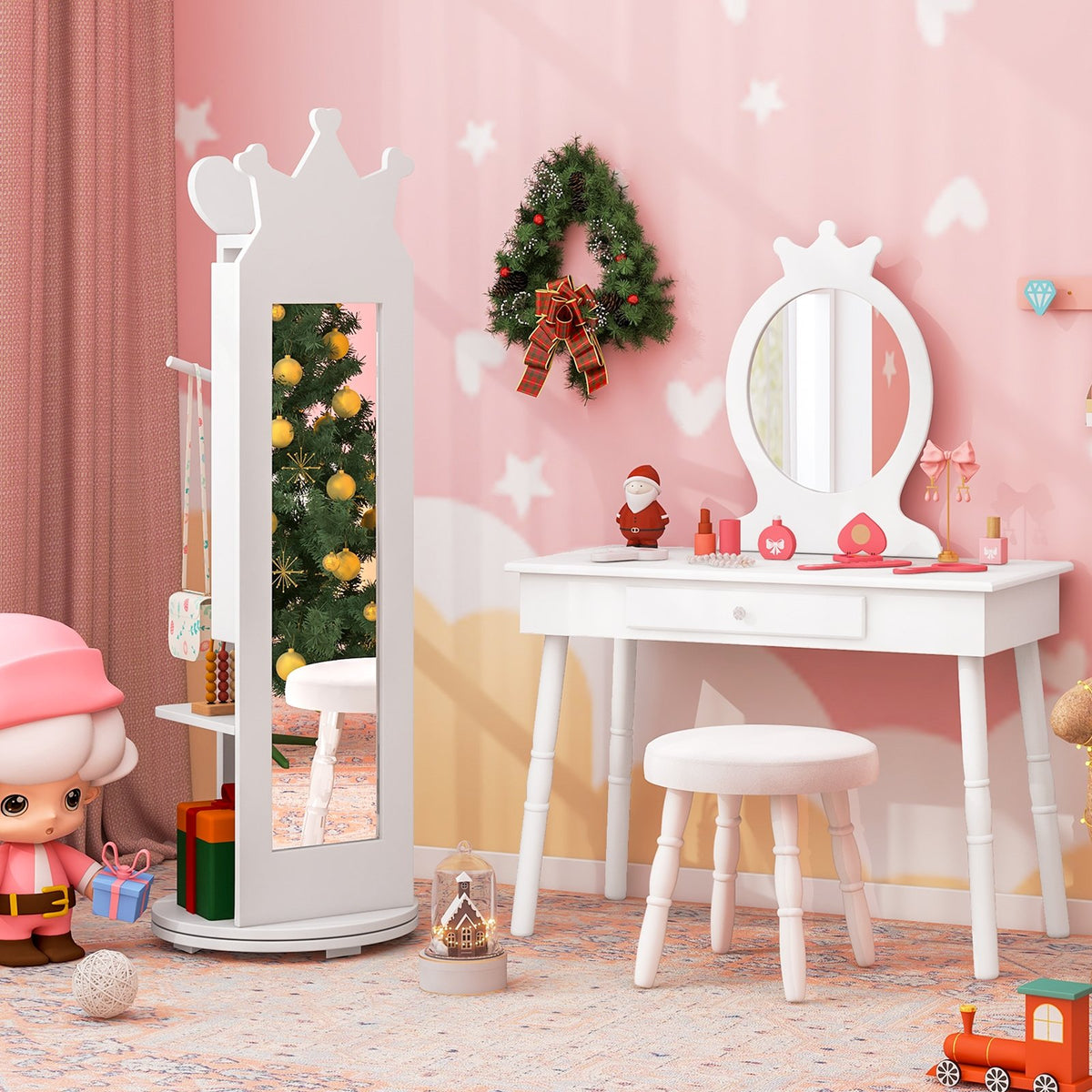 Kids Room Furniture Set Princess Vanity Table and Stool Set with Mirror and Drawer-White view 3