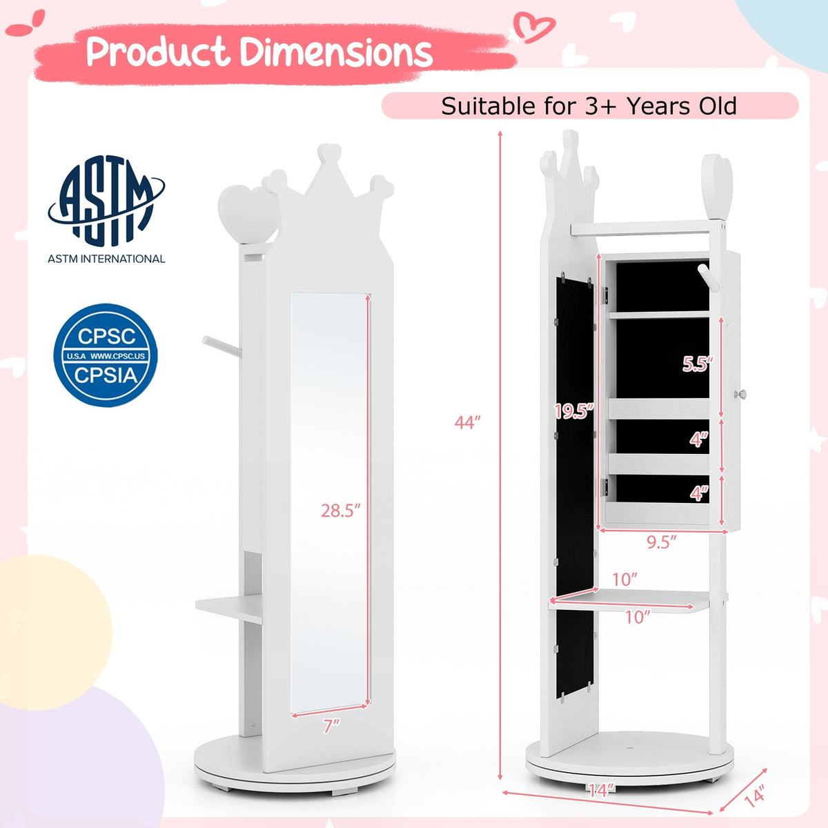 Kids Room Furniture Set Princess Vanity Table and Stool Set with Mirror and Drawer-White view 4