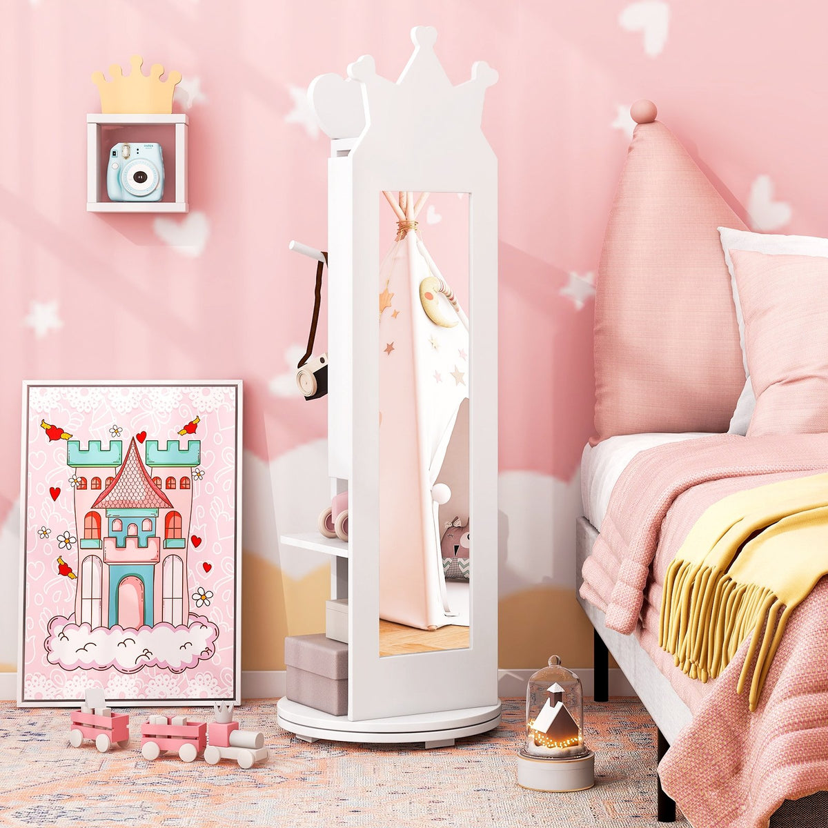 Kids Room Furniture Set Princess Vanity Table and Stool Set with Mirror and Drawer-White view 5