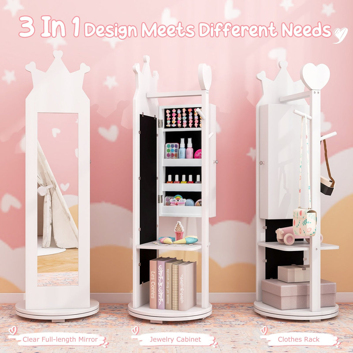 Kids Room Furniture Set Princess Vanity Table and Stool Set with Mirror and Drawer-White view 7