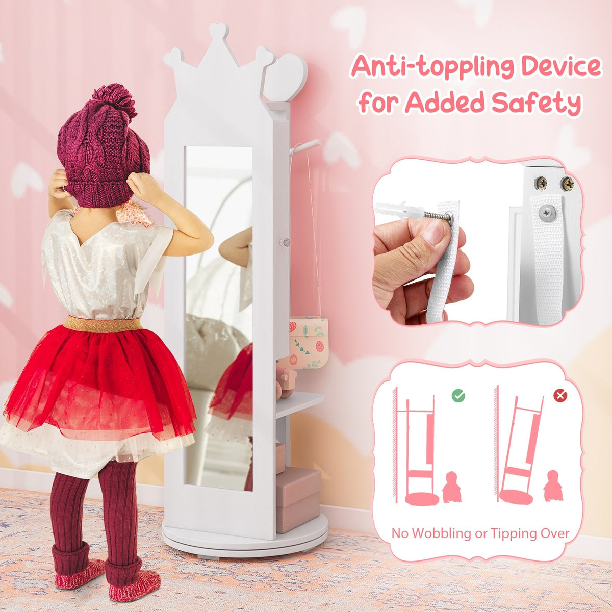 Kids Room Furniture Set Princess Vanity Table and Stool Set with Mirror and Drawer-White view 8