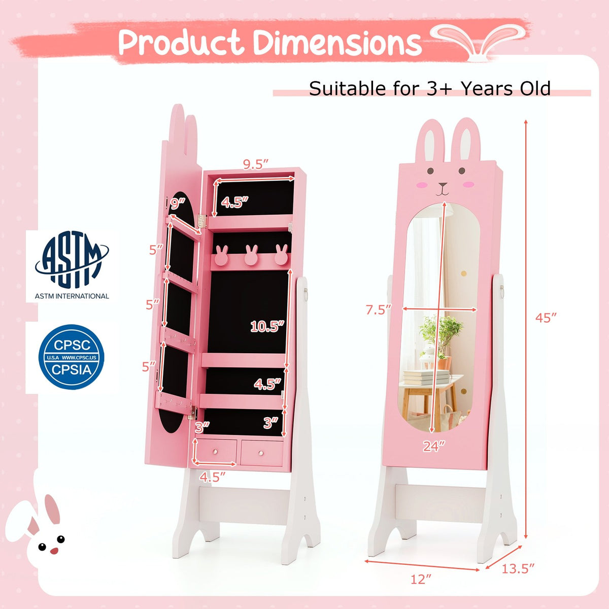 Kids Room Furniture Set with Princess Vanity Table and Chair-Pink view 5