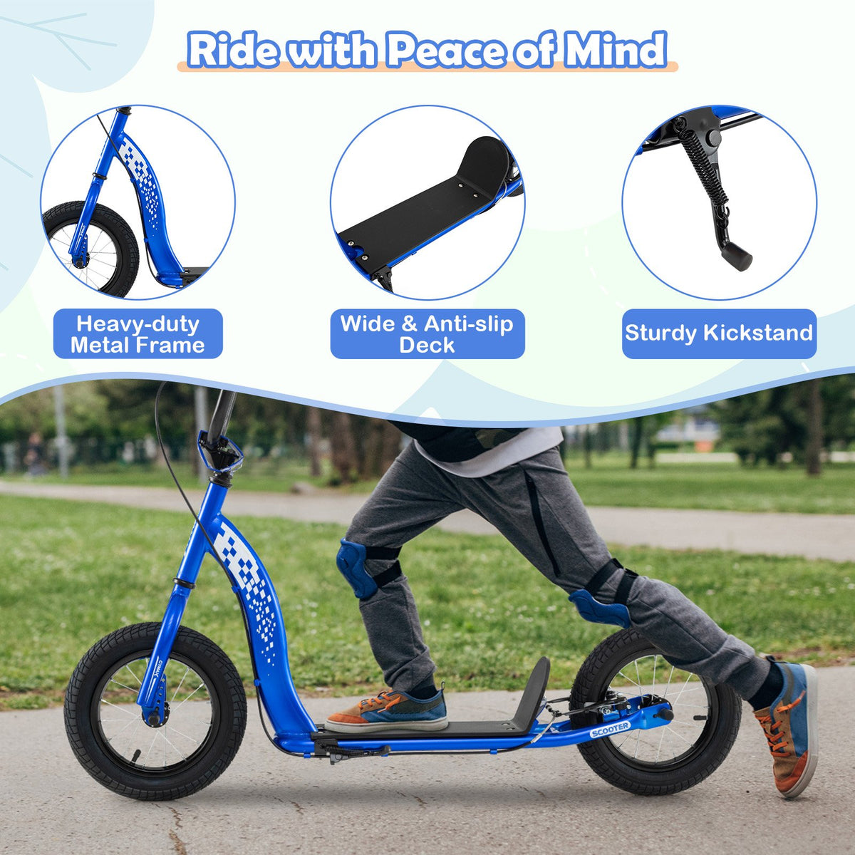 Kids Scooter Youth Kick Scooter with Adjustable Height Handlebar 12-Inch Inflatable Wheels-Navy view 7