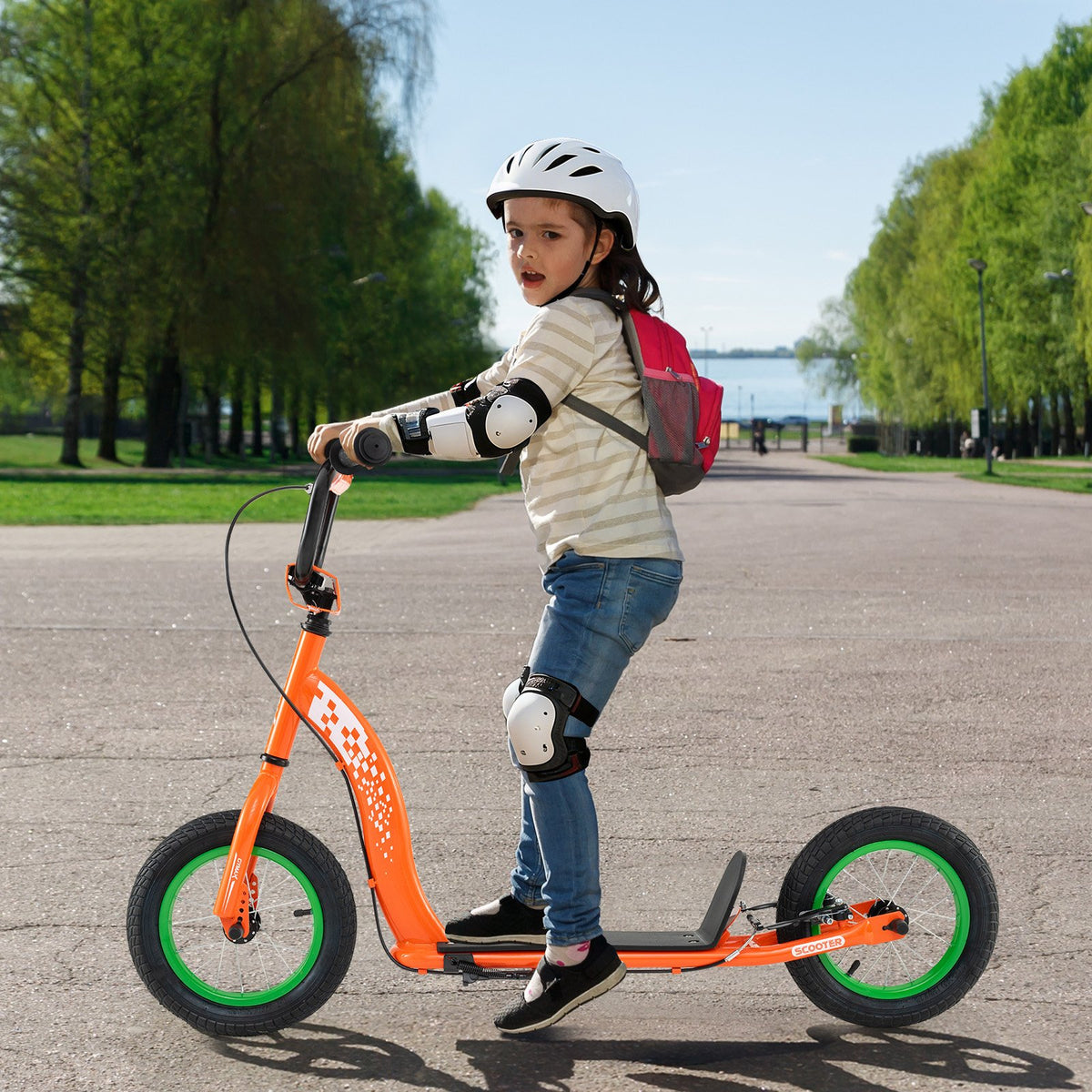 Kids Scooter Youth Kick Scooter with Adjustable Height Handlebar 12-Inch Inflatable Wheels-Orange view 2