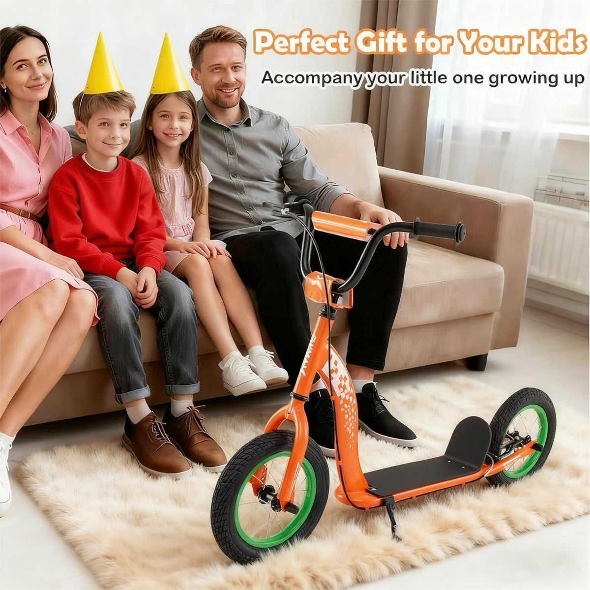 Kids Scooter Youth Kick Scooter with Adjustable Height Handlebar 12-Inch Inflatable Wheels-Orange view 3