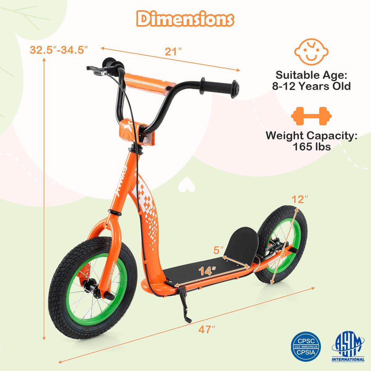 Kids Scooter Youth Kick Scooter with Adjustable Height Handlebar 12-Inch Inflatable Wheels-Orange view 5