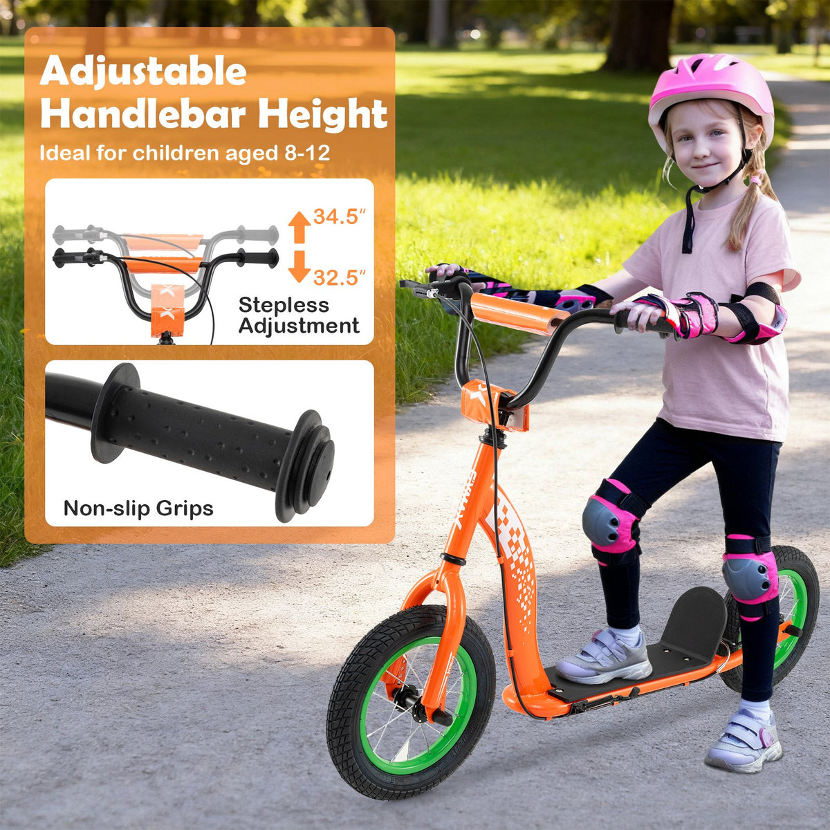 Kids Scooter Youth Kick Scooter with Adjustable Height Handlebar 12-Inch Inflatable Wheels-Orange view 7