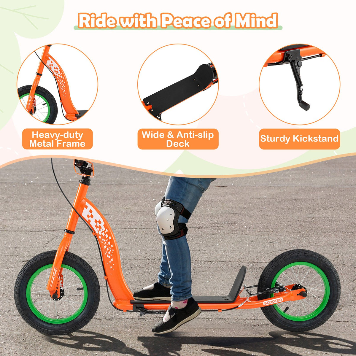 Kids Scooter Youth Kick Scooter with Adjustable Height Handlebar 12-Inch Inflatable Wheels-Orange view 8