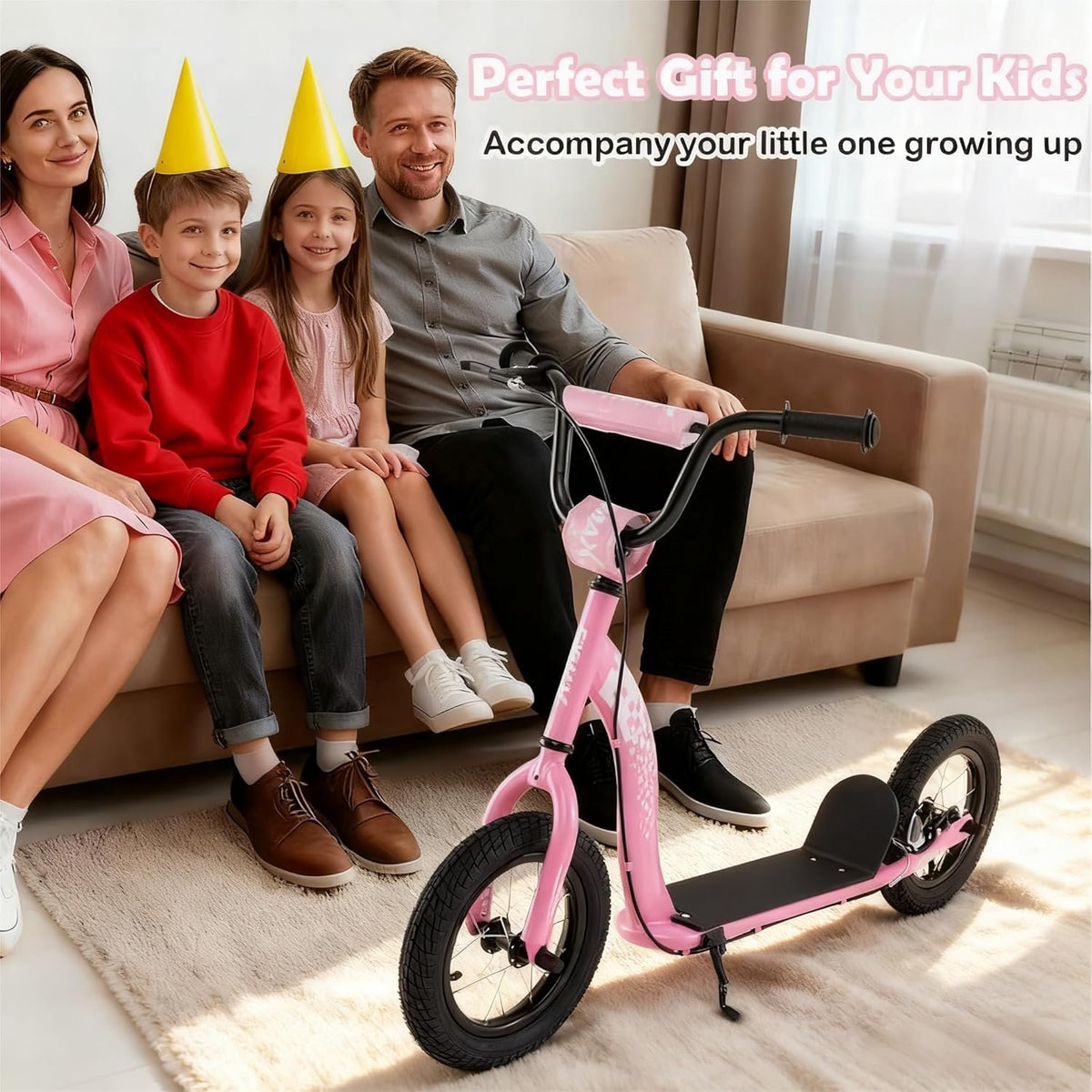 Kids Scooter Youth Kick Scooter with Adjustable Height Handlebar 12-Inch Inflatable Wheels-Pink view 3