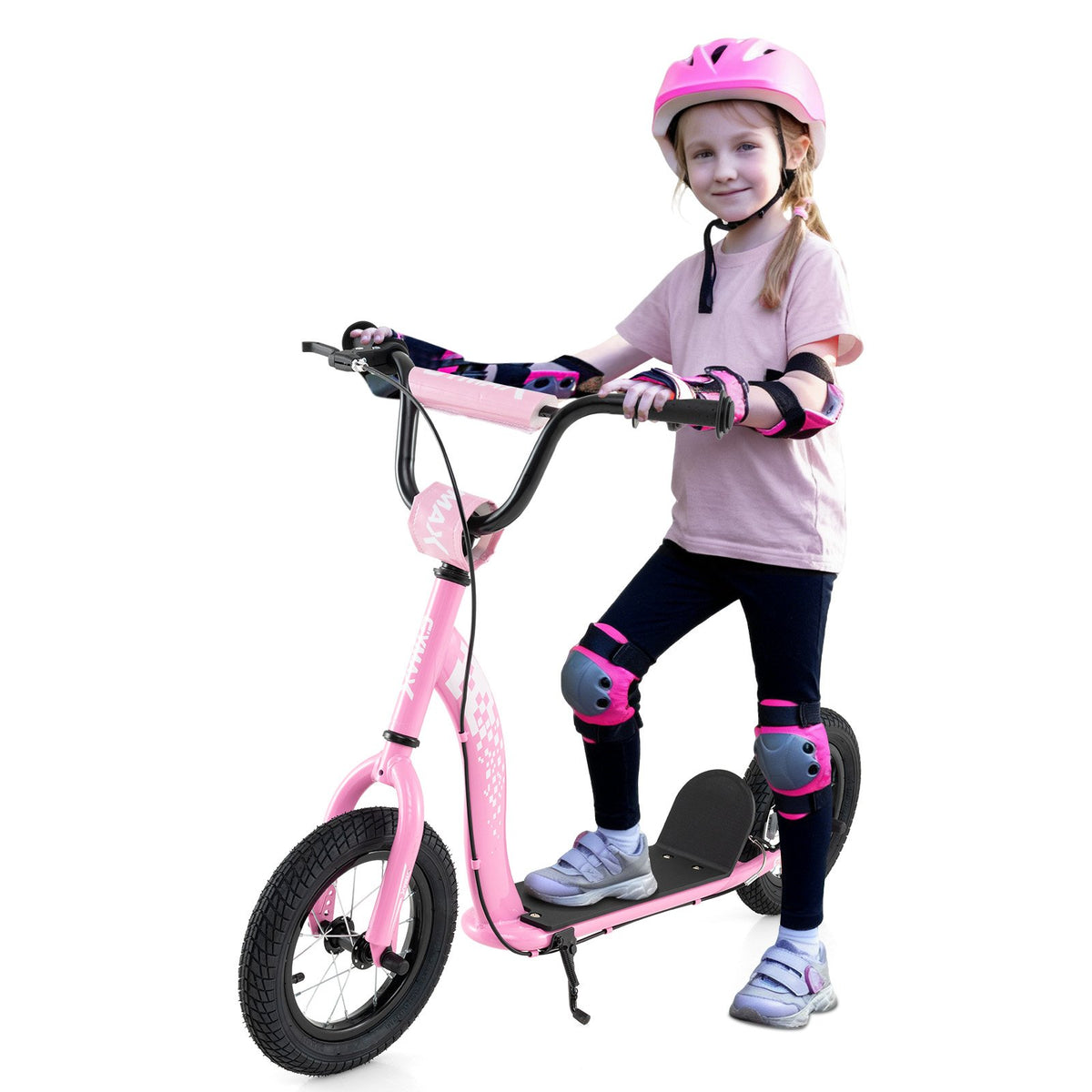 Kids Scooter Youth Kick Scooter with Adjustable Height Handlebar 12-Inch Inflatable Wheels-Pink view 4