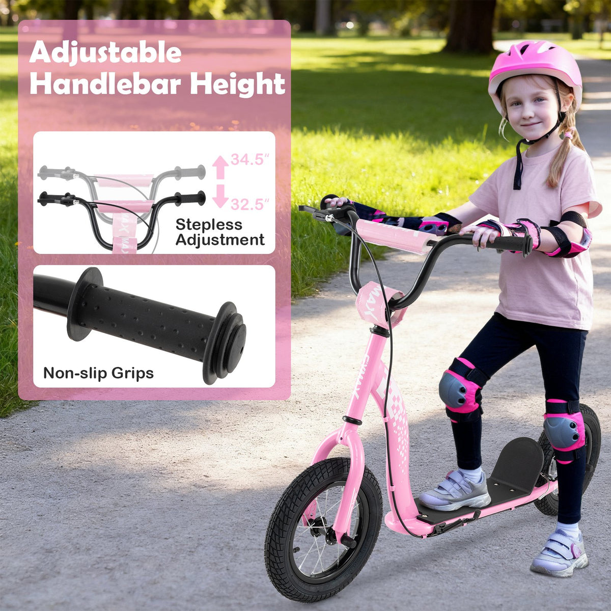 Kids Scooter Youth Kick Scooter with Adjustable Height Handlebar 12-Inch Inflatable Wheels-Pink view 7