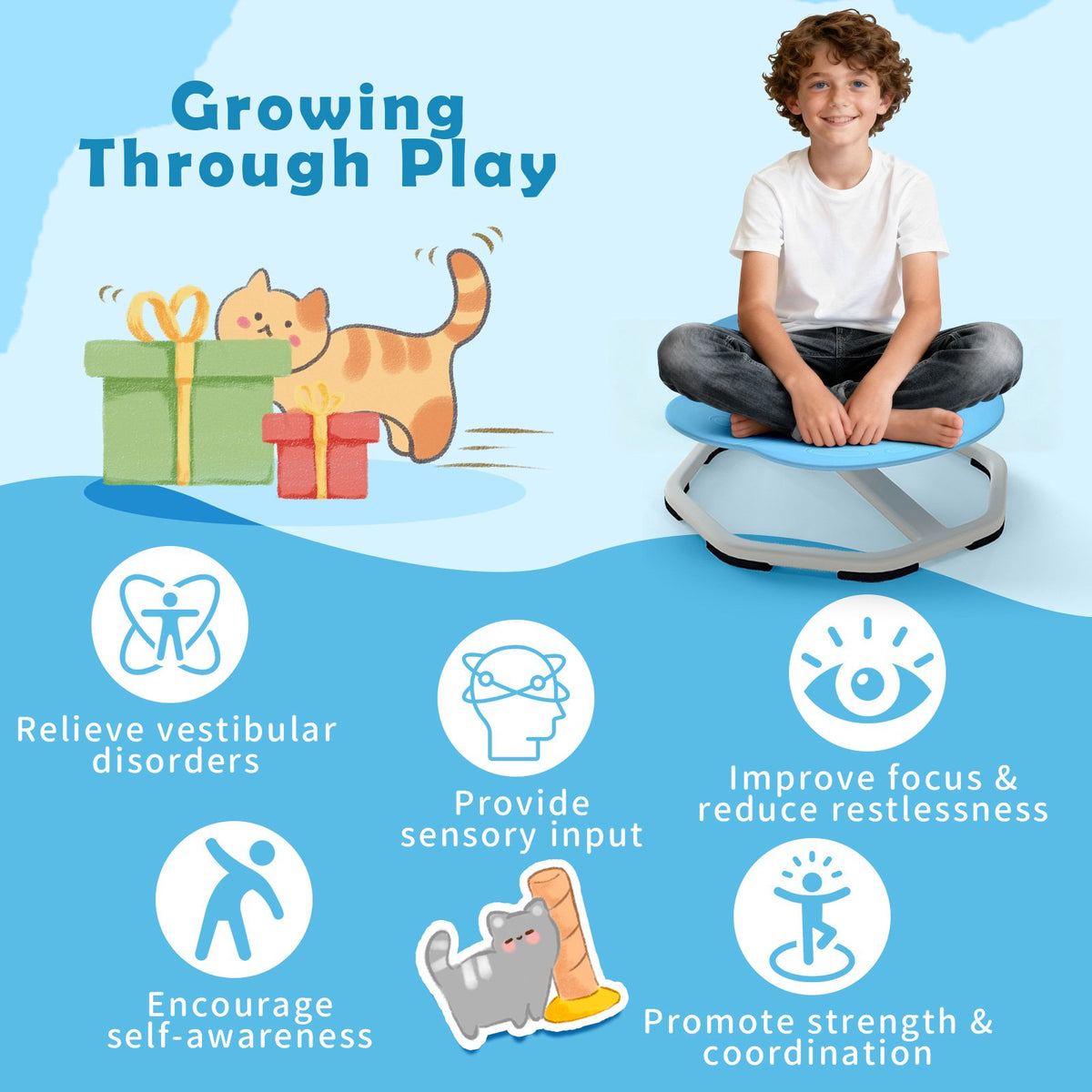 Kids Sensory Swivel Chair Cat Claw 360° Spinning Chair with Non-Slip Metal Base-Blue view 6