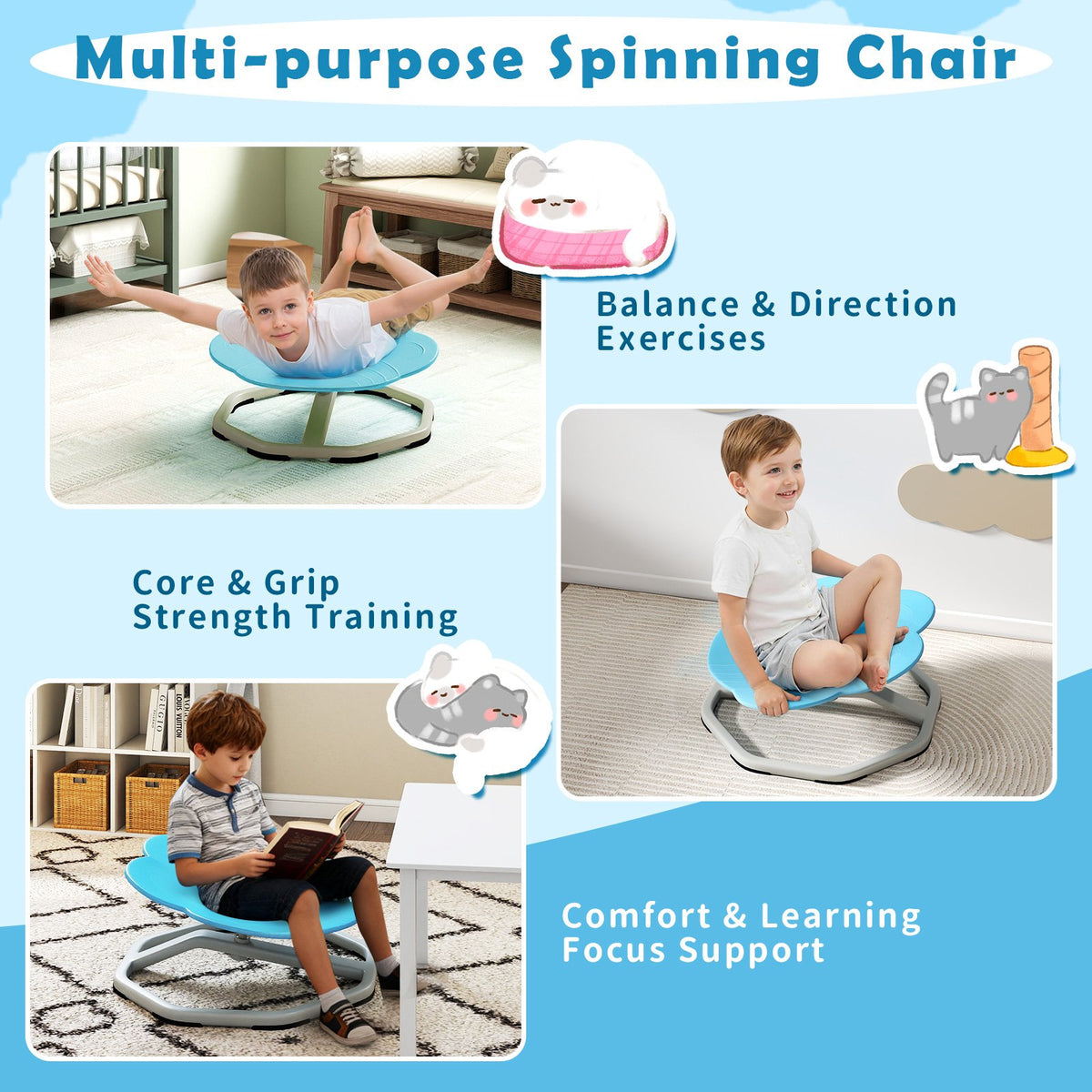 Kids Sensory Swivel Chair Cat Claw 360° Spinning Chair with Non-Slip Metal Base-Blue view 7