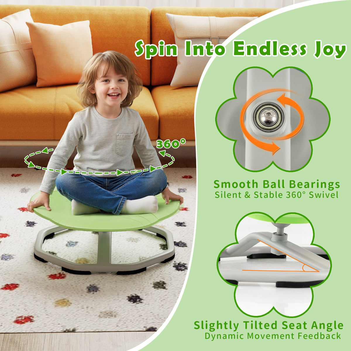 Kids Sensory Swivel Chair Cat Claw 360° Spinning Chair with Non-Slip Metal Base-Green view 8