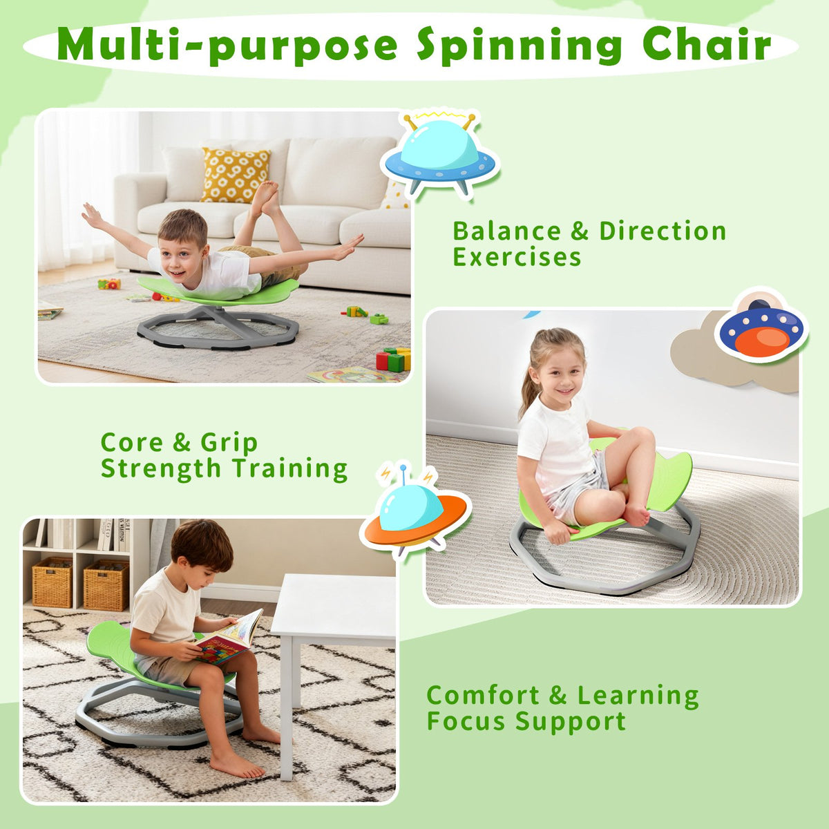 Kids Sensory Swivel Chair Elephant 360° Spinning Chair with Non-Slip Metal Base-Green view 6
