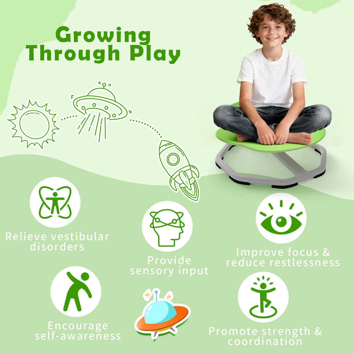Kids Sensory Swivel Chair Elephant 360° Spinning Chair with Non-Slip Metal Base-Green view 7