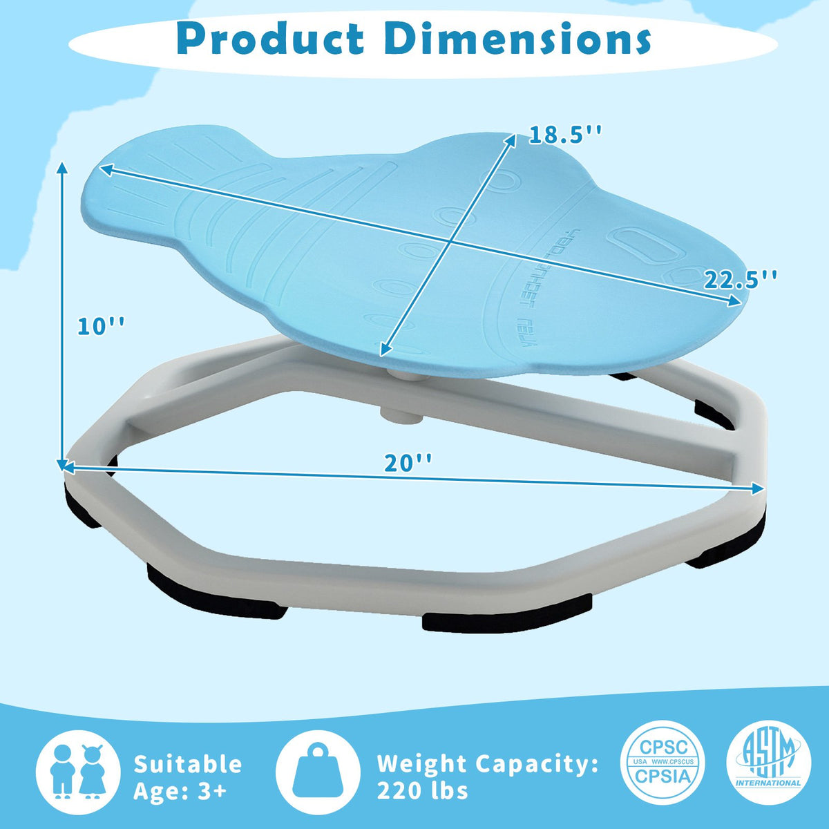 Kids Sensory Swivel Chair Elephant 360° Spinning Chair with Non-Slip Metal Base-Light Blue view 5