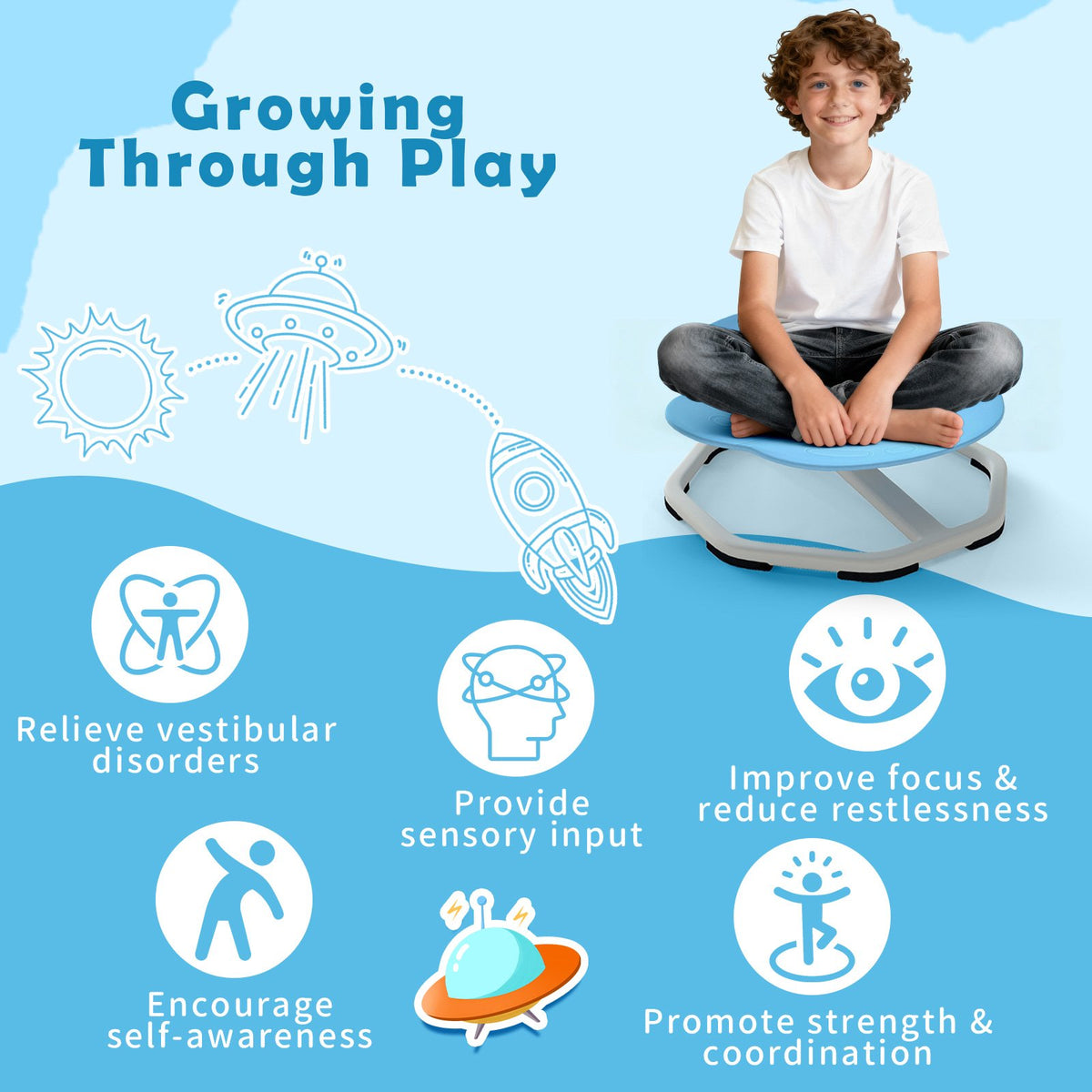 Kids Sensory Swivel Chair Elephant 360° Spinning Chair with Non-Slip Metal Base-Light Blue view 7