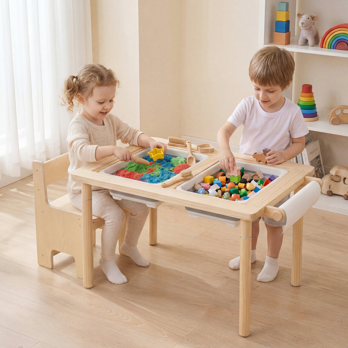Kids Sensory Table Set with Adjustable Height and 2 Storage Bins-Natural view 2