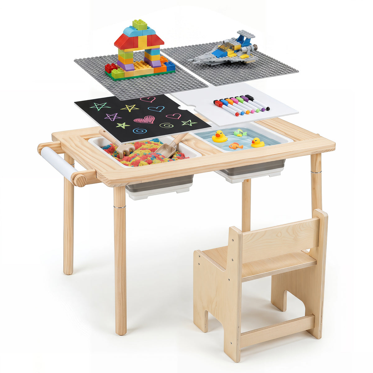 Kids Sensory Table Set with Adjustable Height and 2 Storage Bins-Natural view 4