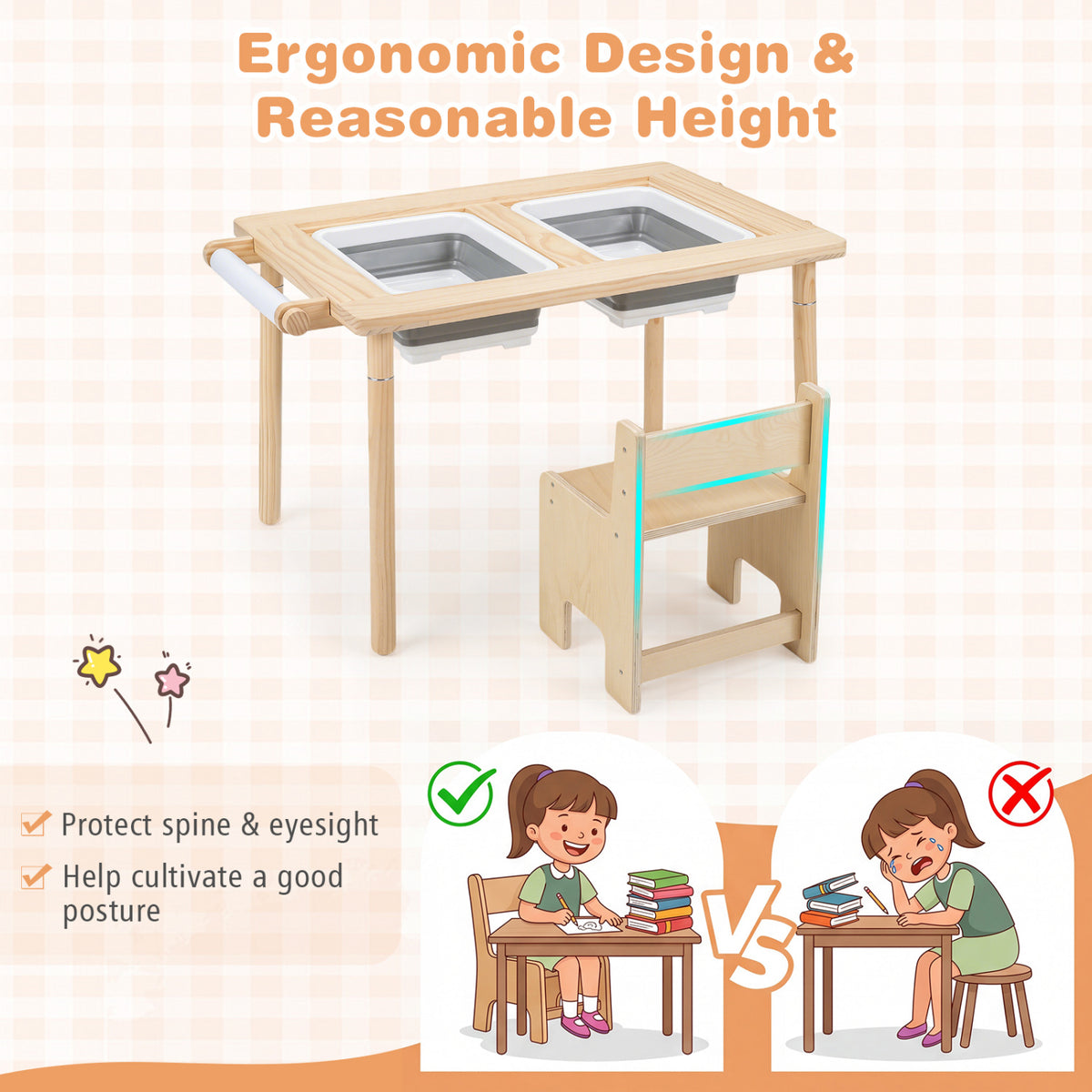 Kids Sensory Table Set with Adjustable Height and 2 Storage Bins-Natural view 6