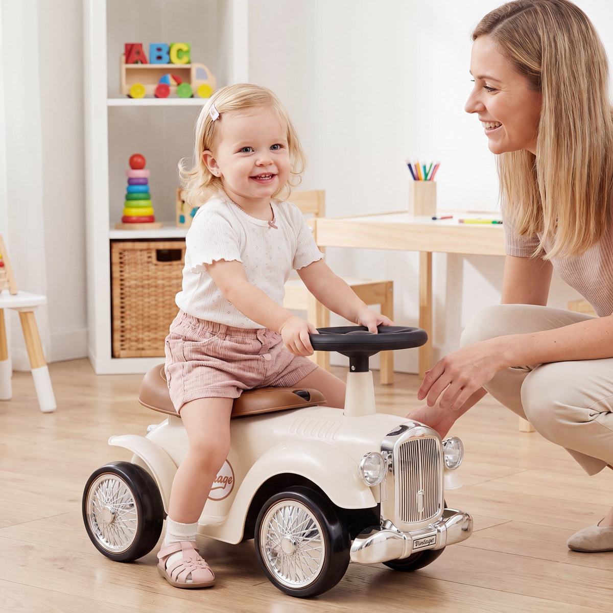 Kids Sit to Stand Vehicle with Working Steering Wheel and Under Seat Storage-White view 2