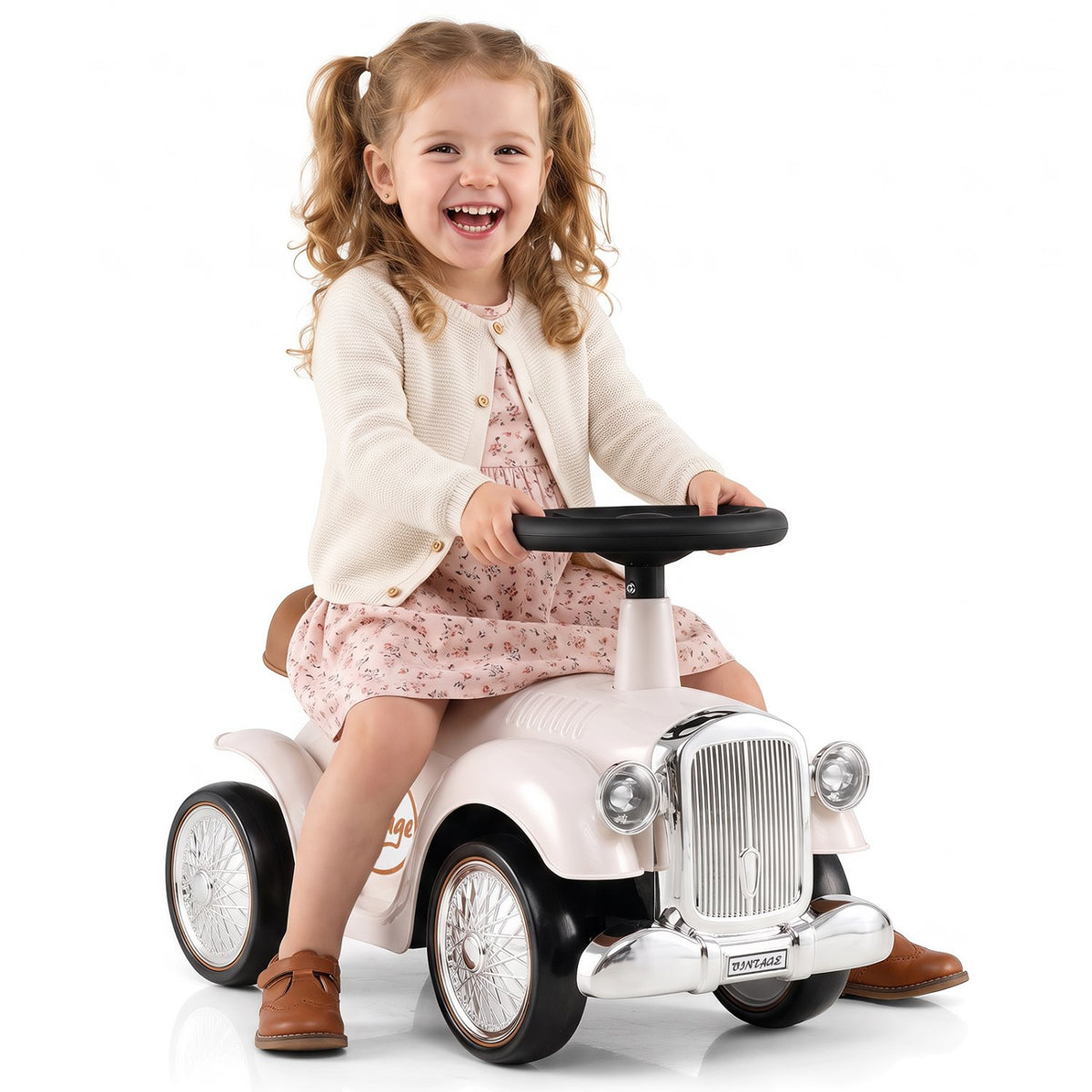 Kids Sit to Stand Vehicle with Working Steering Wheel and Under Seat Storage-White view 4