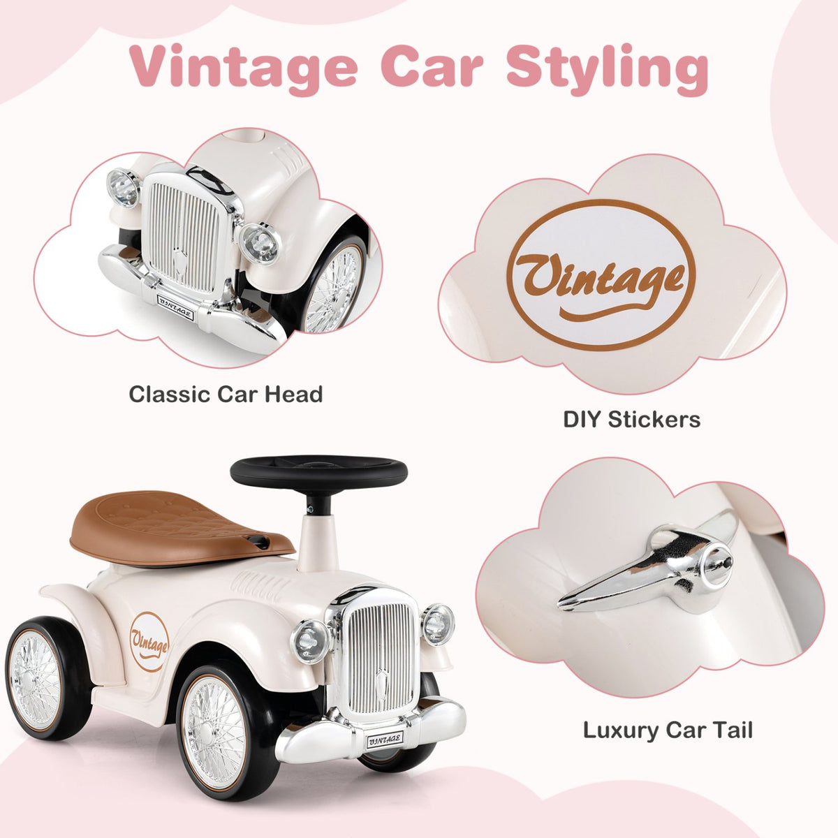 Kids Sit to Stand Vehicle with Working Steering Wheel and Under Seat Storage-White view 9