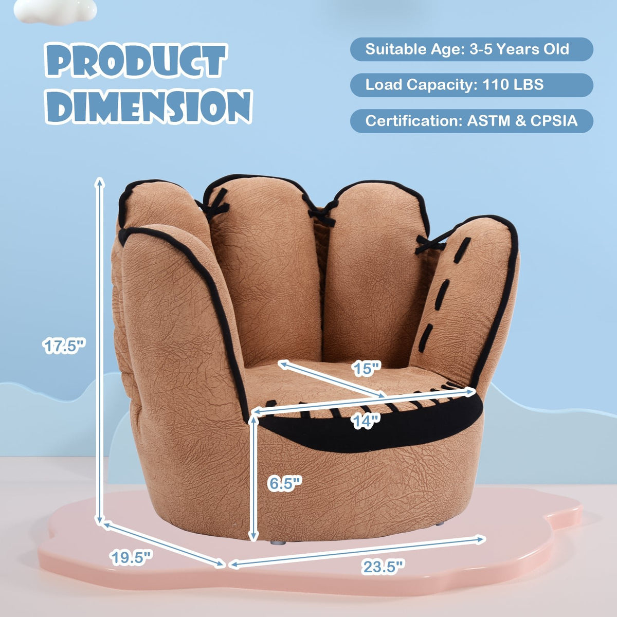 Household Five Fingers Baseball Glove Shaped Kids Leisure Upholstered Sofa view 4