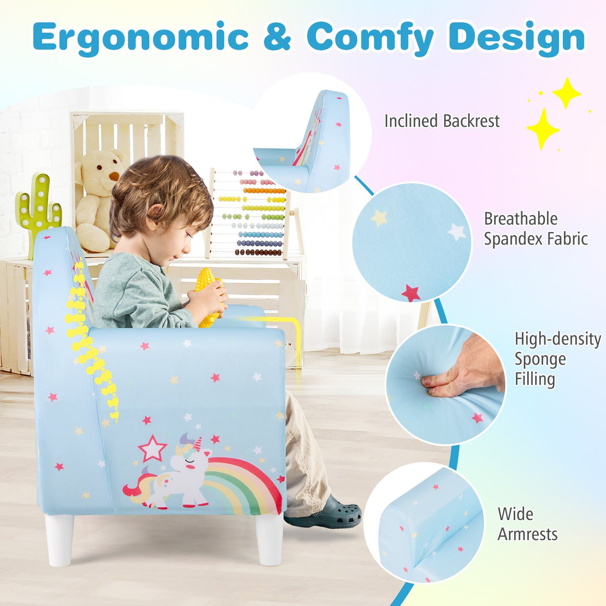 Kids Sofa with Breathable Spandex Fabric and High-density Sponge Filling for Boys and Girls-Blue view 7