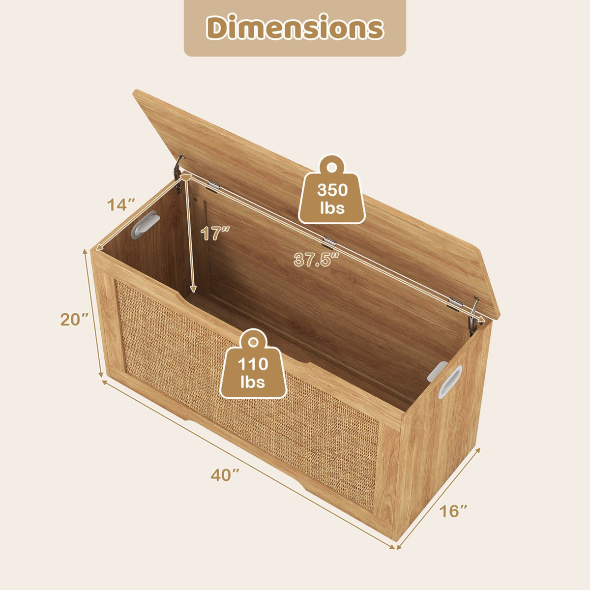 Kids Storage Bench 40 Inch Toy Box with Flip Top and Handles-Natural view 4