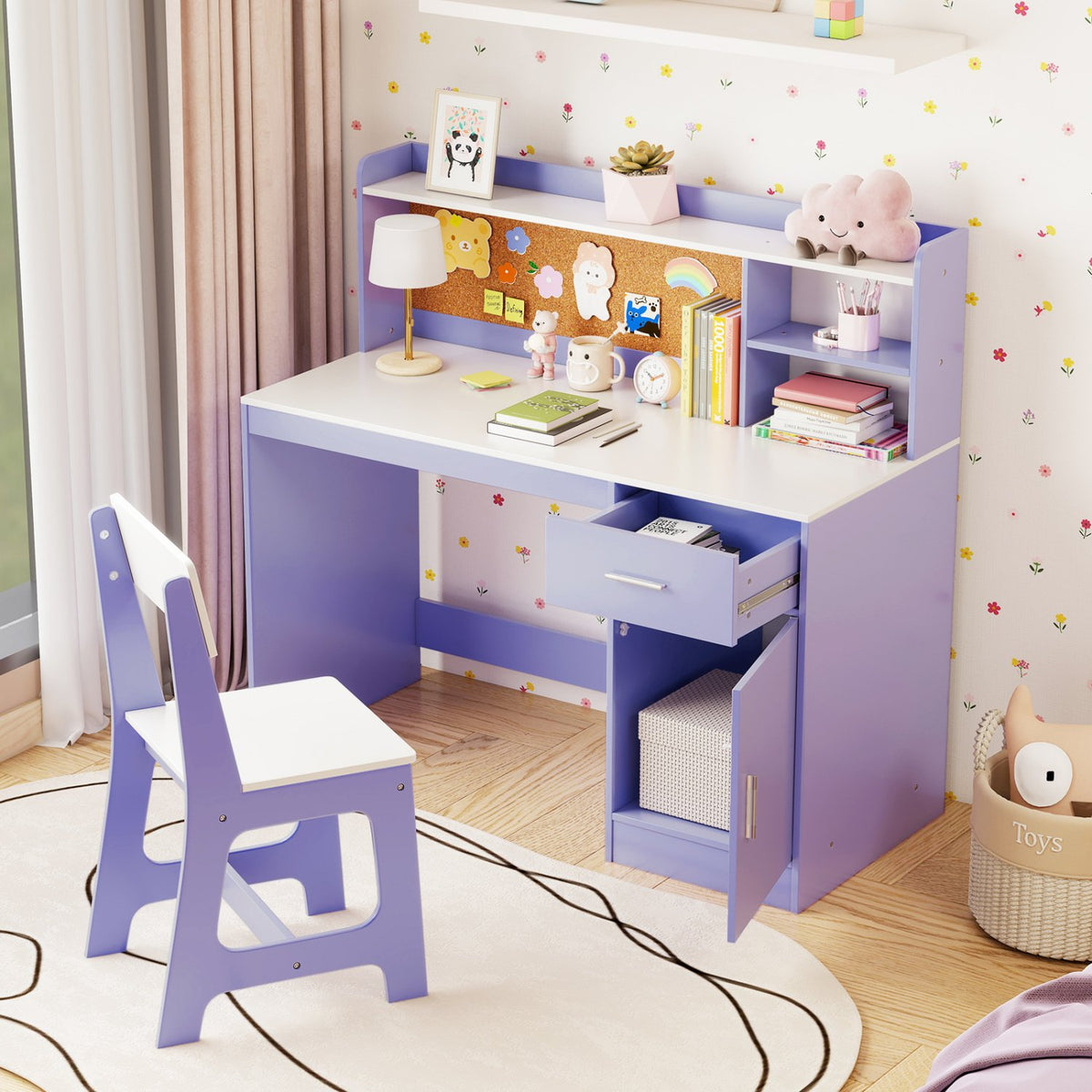 Kids Study Desk and Chair Set Student Table and Chair-Purple view 3