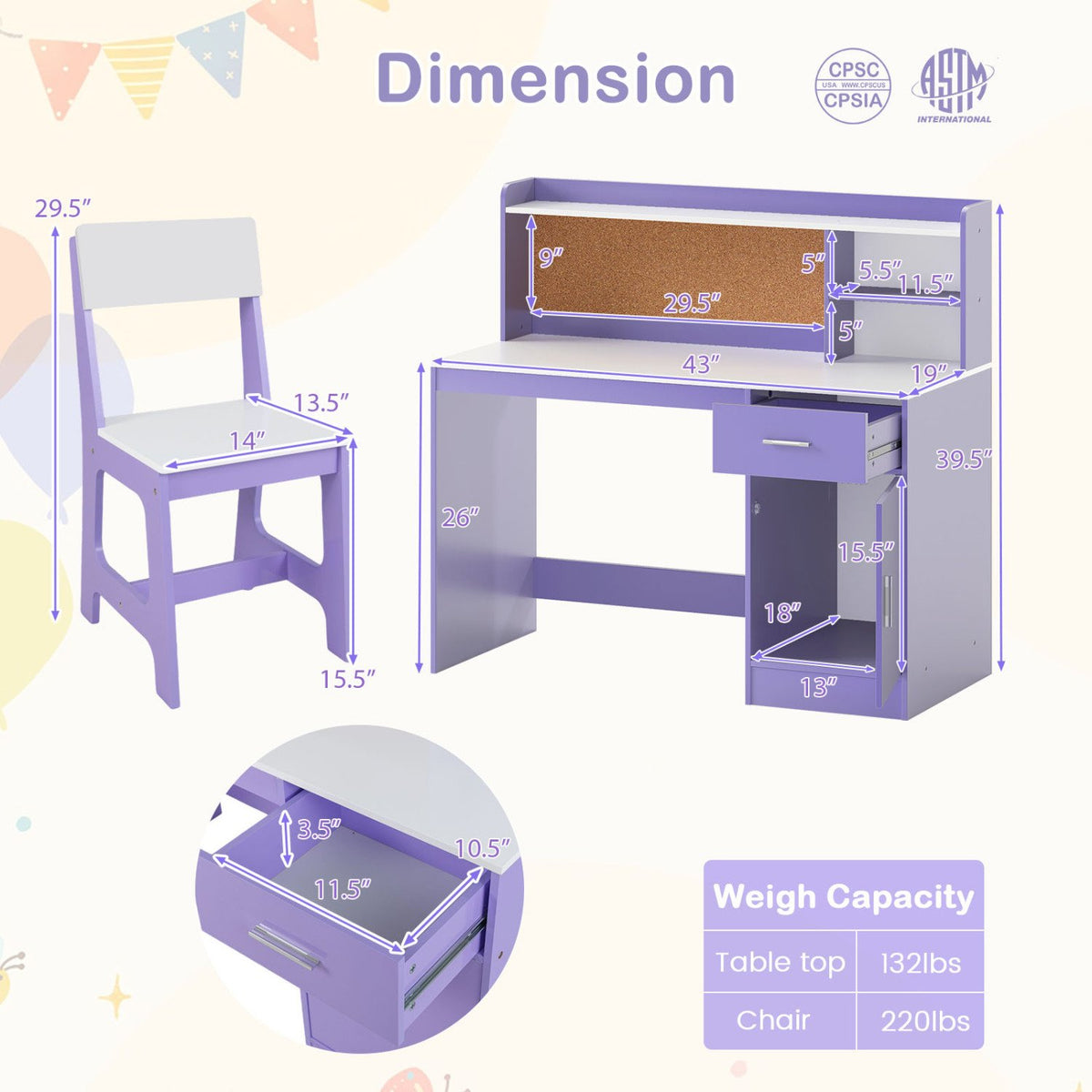 Kids Study Desk and Chair Set Student Table and Chair-Purple view 5