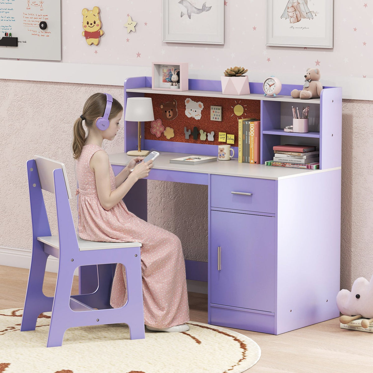 Kids Study Desk and Chair Set Student Table and Chair-Purple view 6