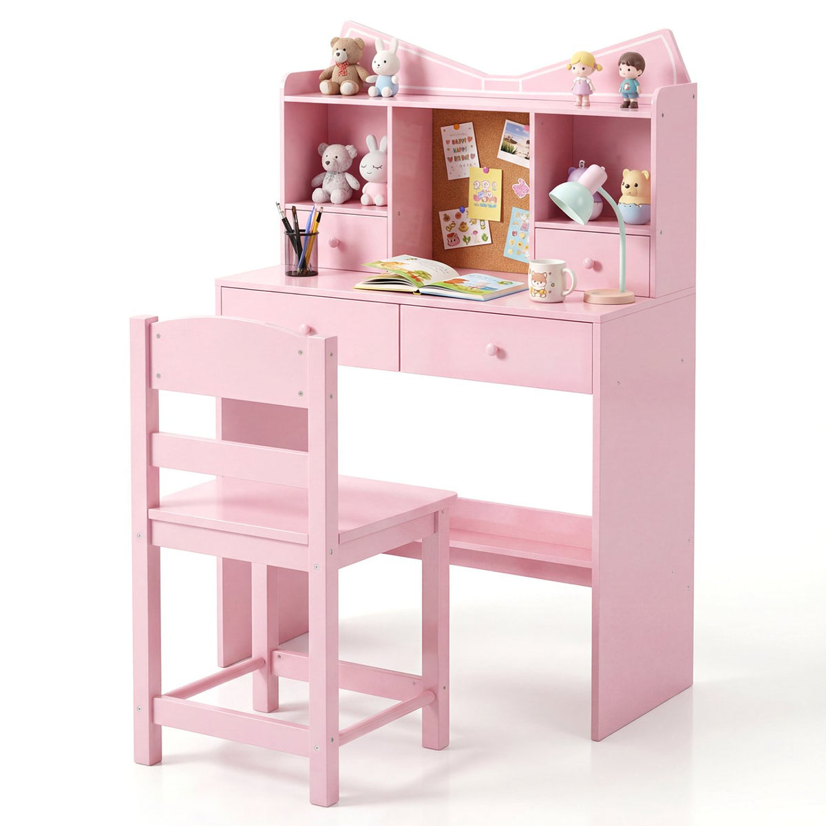 Kids Study Desk and Chair Set Student Writing Table with Chair Open Shelves Cork Bulletin Board-Pink