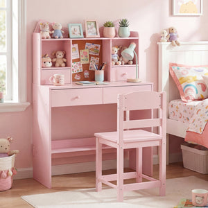 Kids Study Desk and Chair Set Student Writing Table with Chair Open Shelves Cork Bulletin Board-Pink view 2
