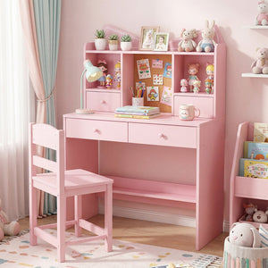 Kids Study Desk and Chair Set Student Writing Table with Chair Open Shelves Cork Bulletin Board-Pink view 3
