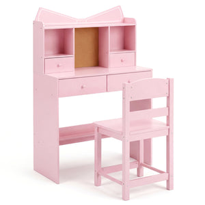 Kids Study Desk and Chair Set Student Writing Table with Chair Open Shelves Cork Bulletin Board-Pink view 4