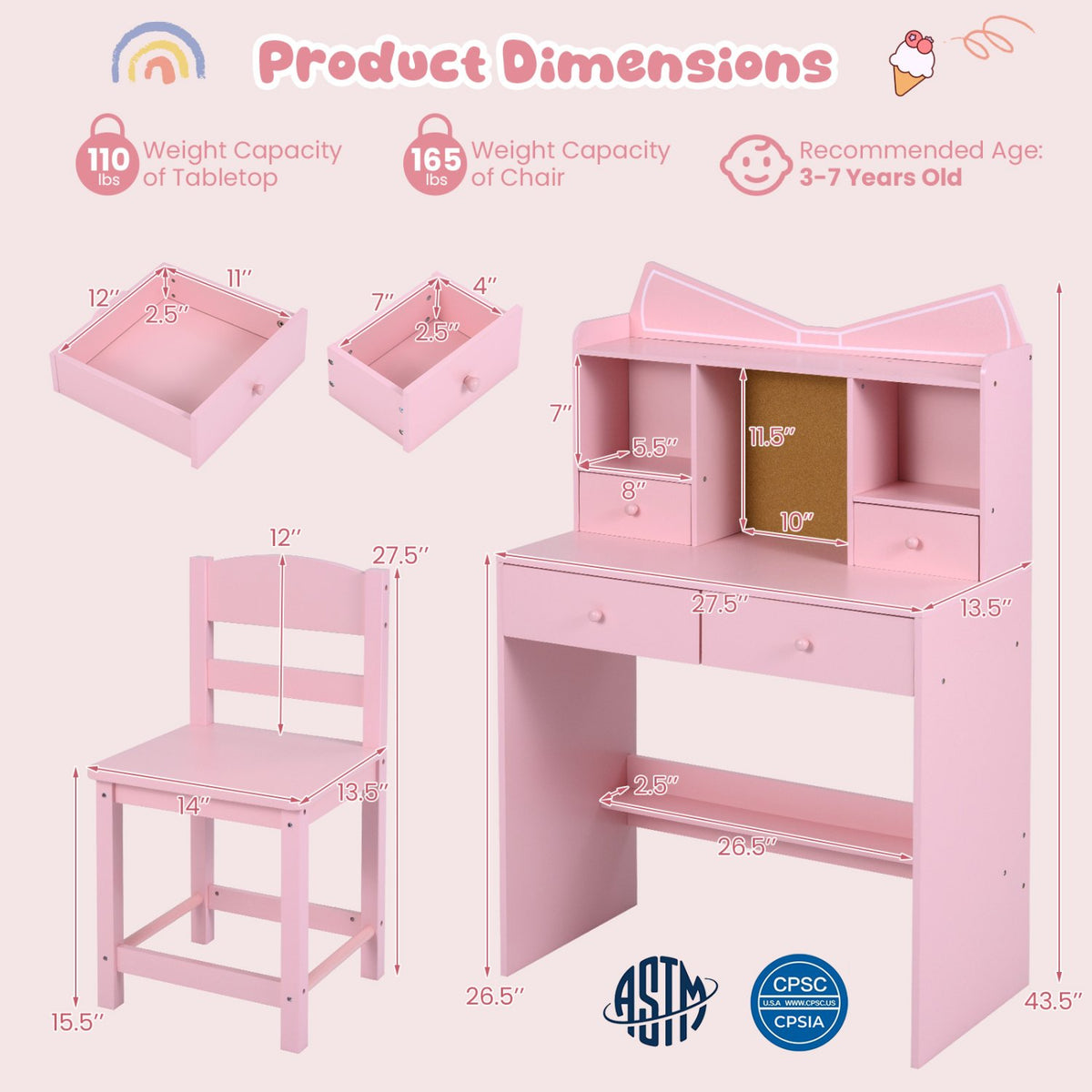Kids Study Desk and Chair Set Student Writing Table with Chair Open Shelves Cork Bulletin Board-Pink view 5