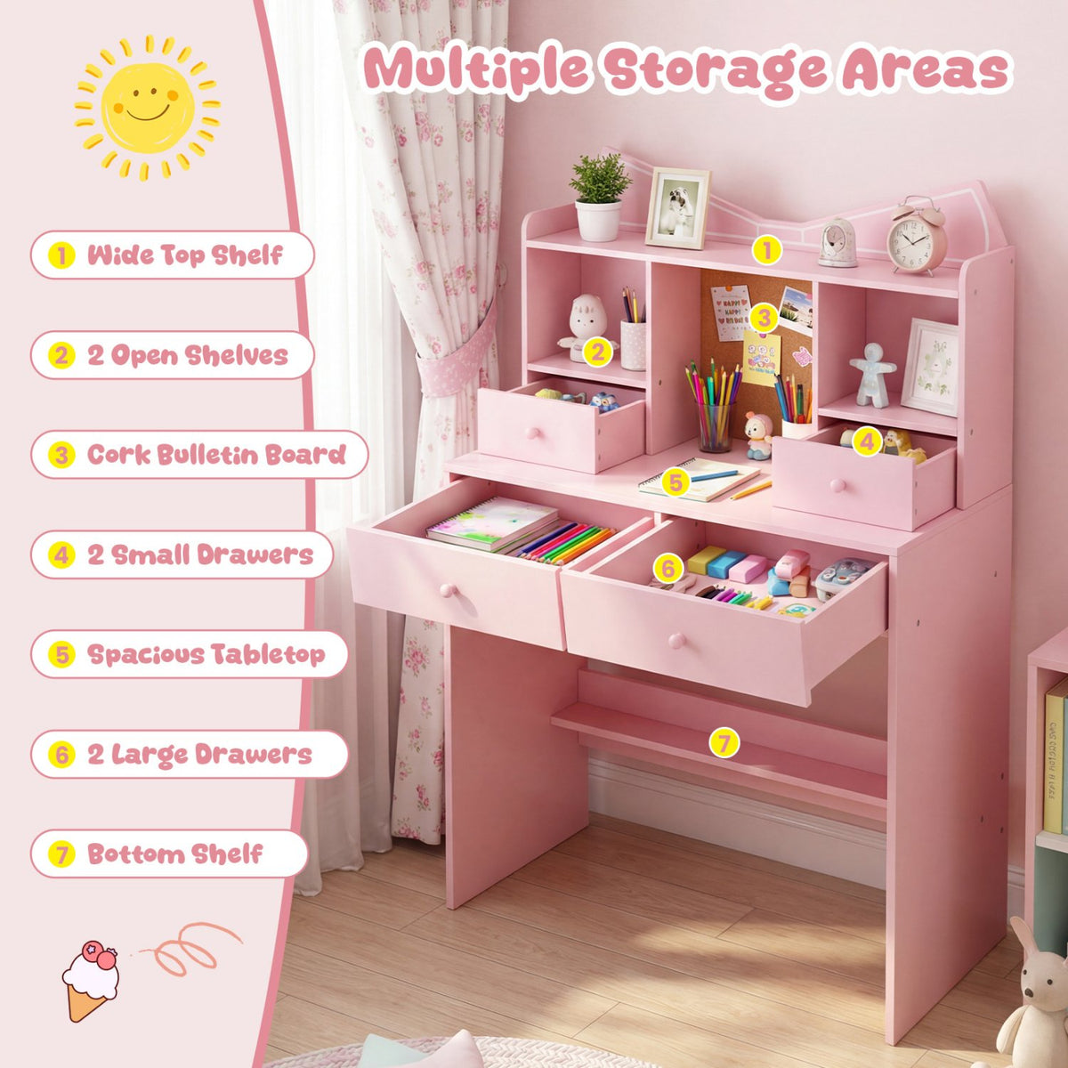 Kids Study Desk and Chair Set Student Writing Table with Chair Open Shelves Cork Bulletin Board-Pink view 6