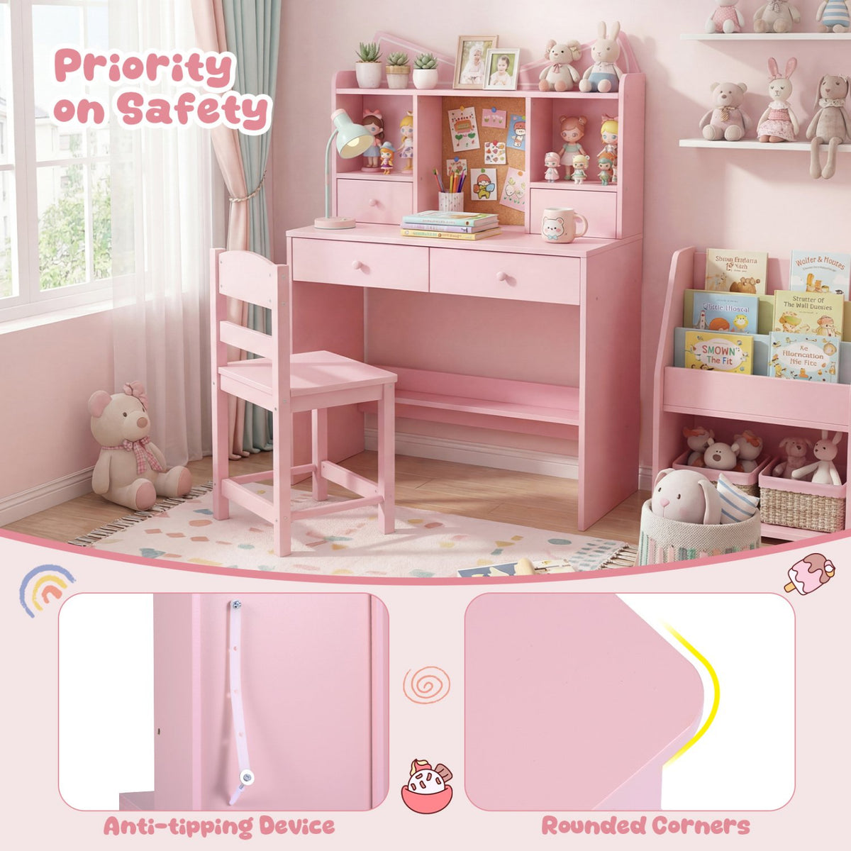 Kids Study Desk and Chair Set Student Writing Table with Chair Open Shelves Cork Bulletin Board-Pink view 8
