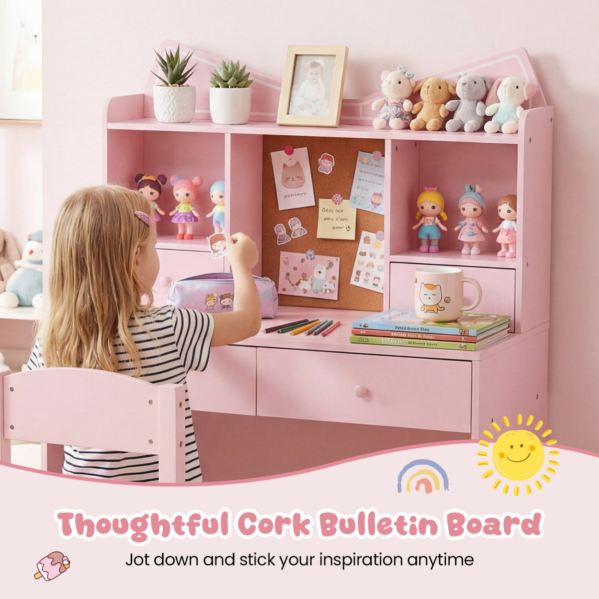 Kids Study Desk and Chair Set Student Writing Table with Chair Open Shelves Cork Bulletin Board-Pink view 9