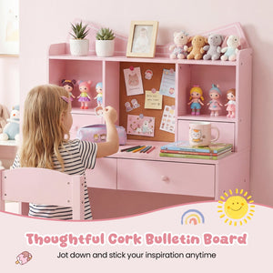 Kids Study Desk and Chair Set Student Writing Table with Chair Open Shelves Cork Bulletin Board-Pink view 9