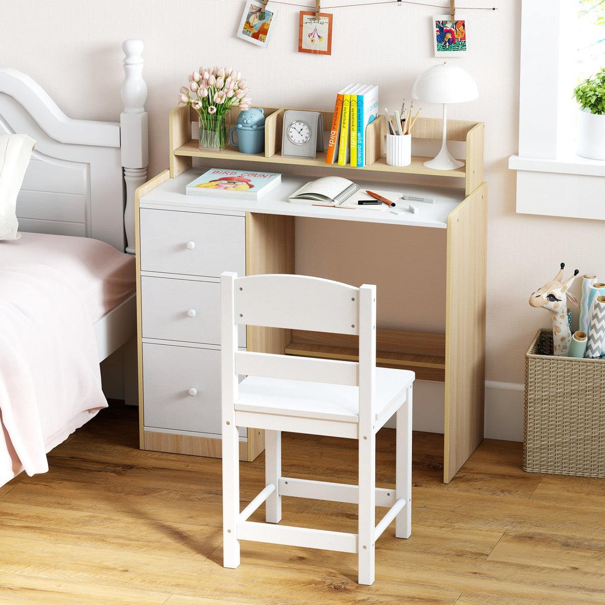 Kids Study Desk and Chair Set Wooden Children Writing Desk with Hutch and Storage Shelf for Arts-Natural view 2